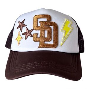 White and Brown Trucker Hat with Gold SD Padres Patch and Stars